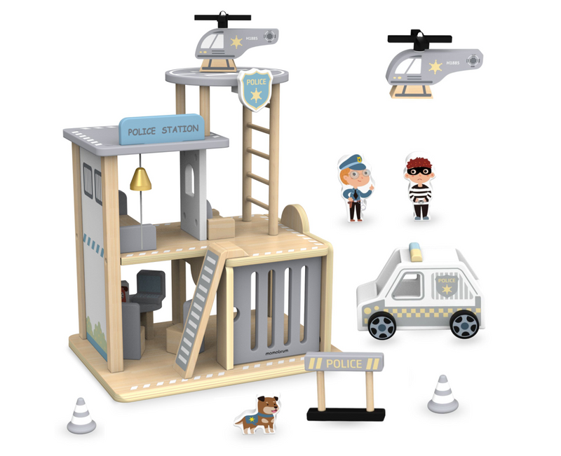 Delegacia de madeira com acessórios